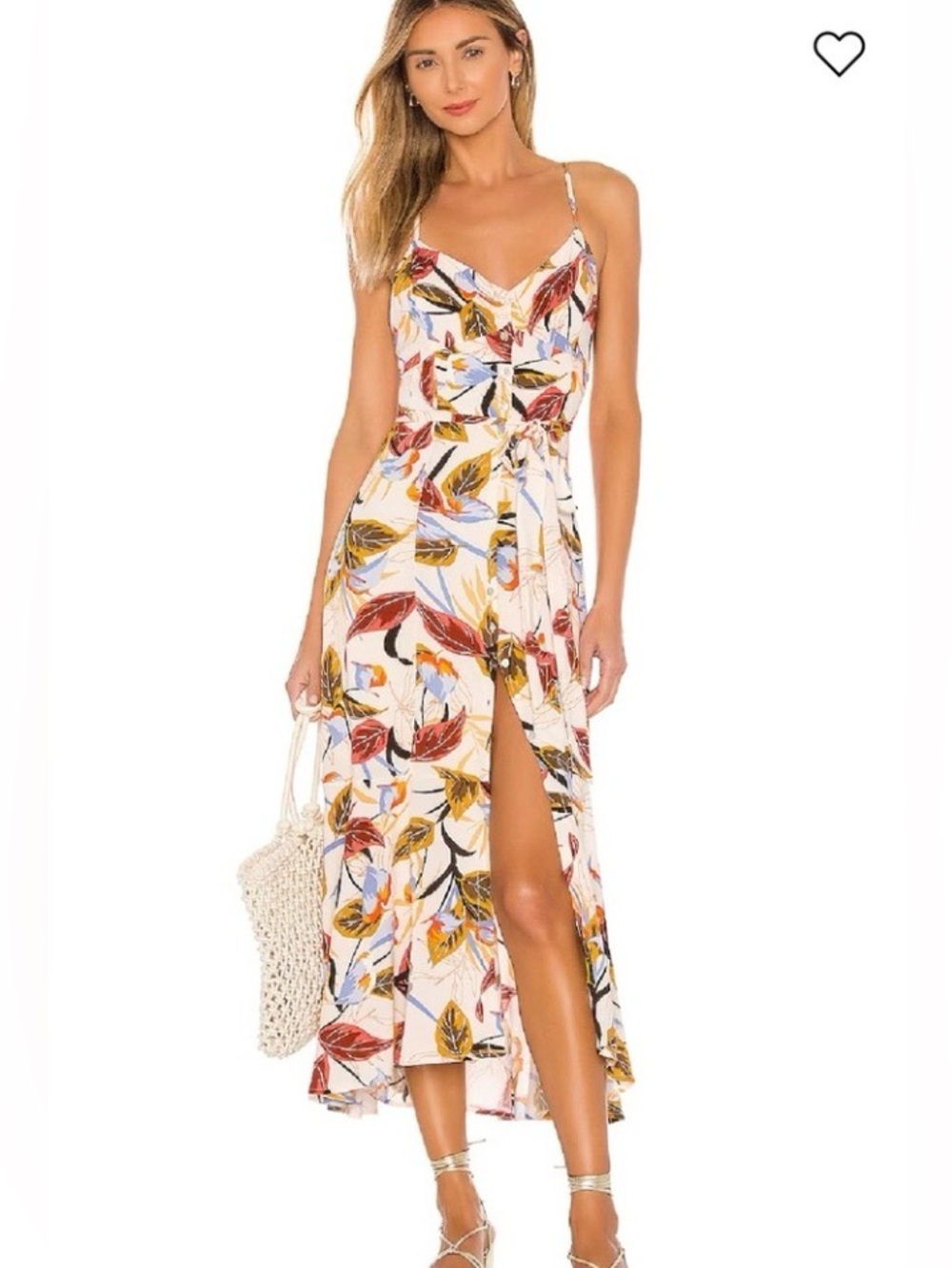 l*space Cream High-Low Maxi Dress with Tropical Leaf Print SZ M EUC $130